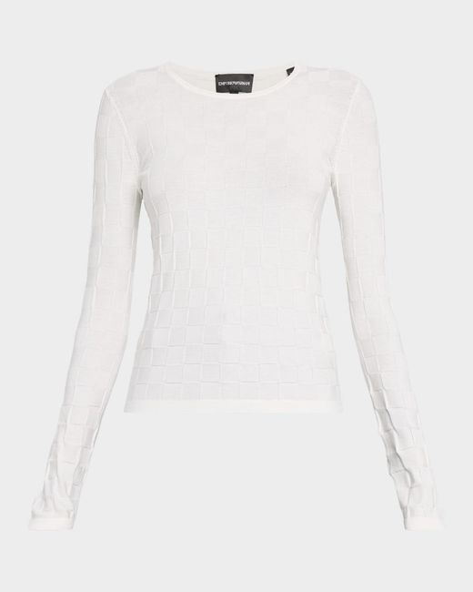 Emporio Armani White Crewneck Check Knit Sweater