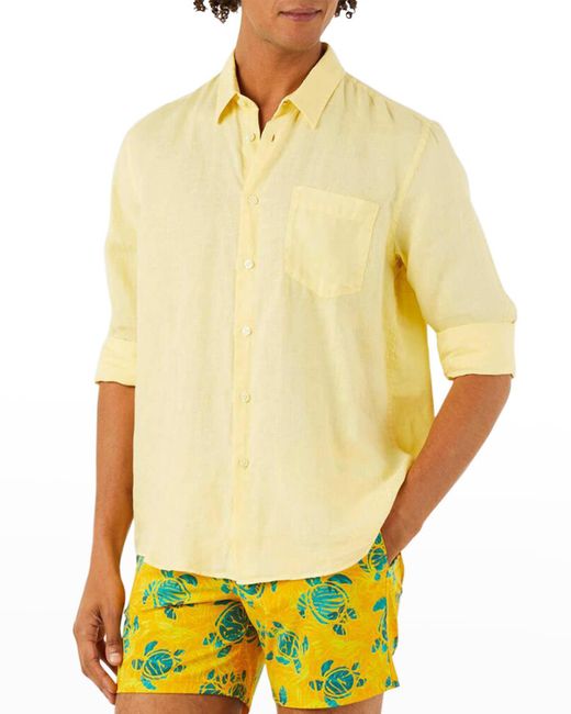 Vilebrequin Yellow Caroubis Solid Linen Sport Shirt for men