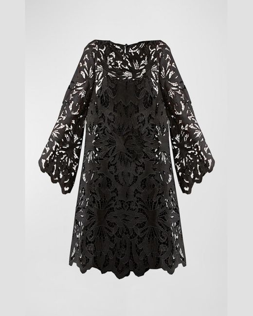 mestiza Black Long-Sleeve Sheer Lace Mini Dress