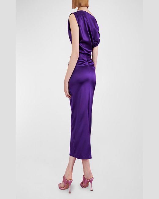 Talbot Runhof Purple Tie Draped One-shoulder Satin Midi Dress