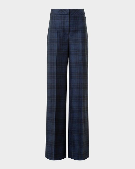 Akris Blue Fior Check Wool Flannel Wide-Leg Trousers