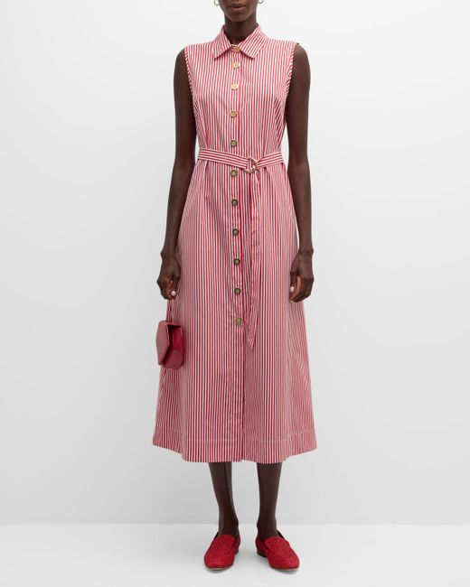 Evi Grintela Pink Roy Sleeveless Striped Midi Shirtdress