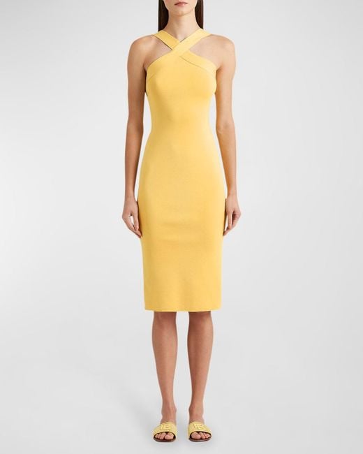 Ralph Lauren Collection Yellow Crossover Halter Sleeveless Midi Dress