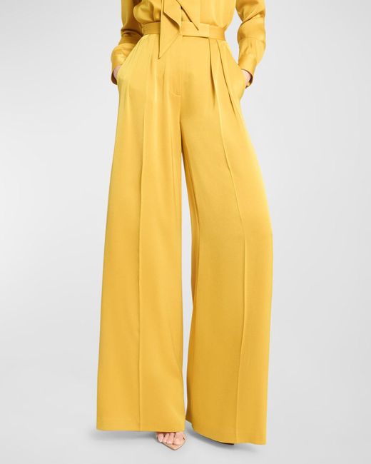 Alex Perry Yellow High-Rise Double-Pleated Wide-Leg Satin Crepe Trousers