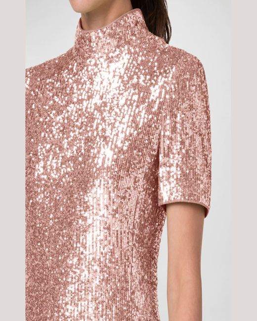Akris Pink Sequined Mock-Neck Short-Sleeve Mini Dress