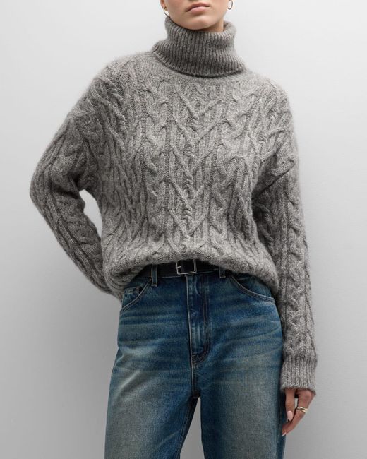 Nili Lotan Gray Cable-Knit Cashmere Turtleneck Sweater