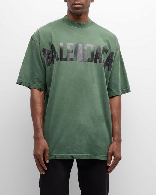 Balenciaga Green Taped-Logo Distressed T-Shirt for men