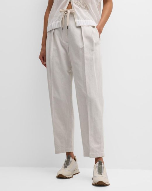 Brunello Cucinelli Gray Cotton-linen Pleated Straight-leg Pull-on Pants