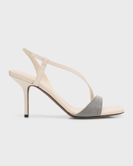 Brunello Cucinelli White Monili Asymmetrical Slingback Stiletto Sandals