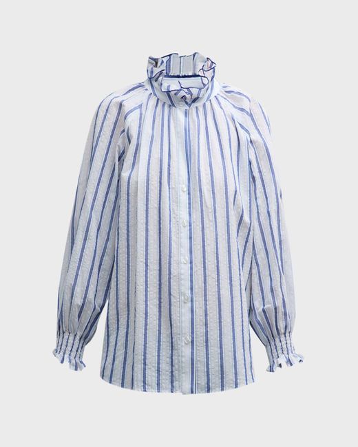 Finley Blue Fiona Striped Ruffle-Trim Seersucker Shirt