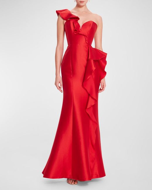 Marchesa Red One-Shoulder Ruffle Trumpet Gown