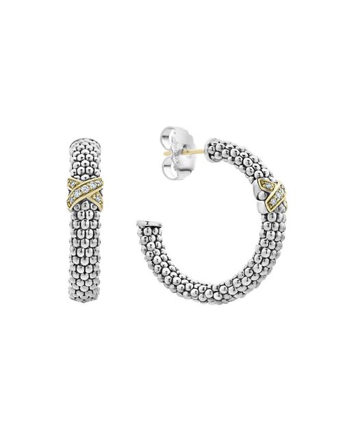 Lagos Metallic Sterling Silver & 18k Yellow Gold Embrace Diamond Hoop Earrings
