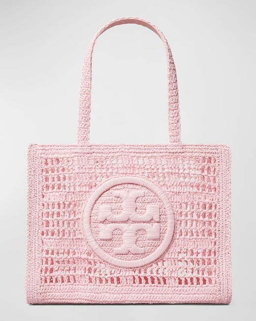 Tory Burch Pink Ella Small Crochet Straw Tote Bag