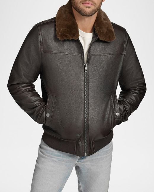 Andrew Marc Black Leather Jacket With Removable Shearling Collar for men