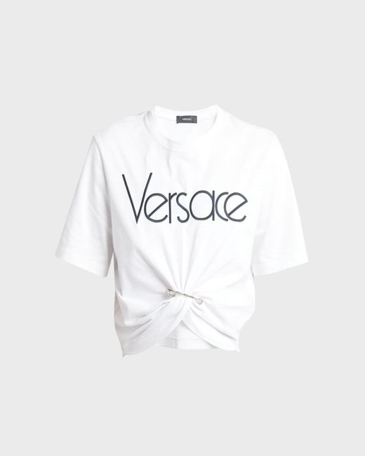 Versace White Safety-Pin Logo Embroidered Crop T-Shirt
