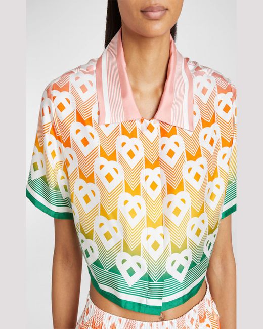 Casablancabrand Yellow Logo-Print Silk Cuban-Collar Short-Sleeve Crop Shirt
