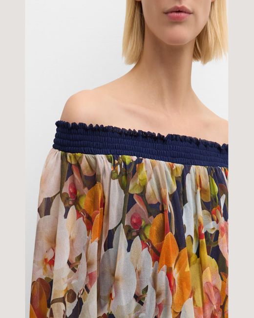 Fuzzi Blue Off-Shoulder Floral-Print Tulle Jumpsuit
