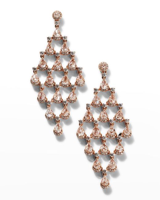 64 Facets Metallic Rose Gold Pear And Round Diamond Chandelier Earrings