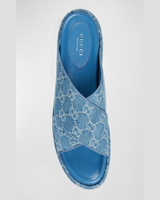 Gucci Angelina Gg Denim Crisscross Platform Sandals in Blue  display picture 1