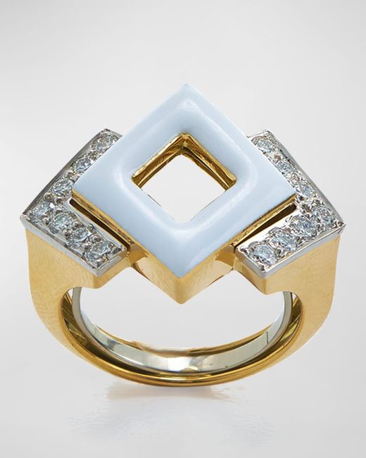 David Webb Metallic Double Diamond White Enamel Gold And Platinum Ring, Size 6.5