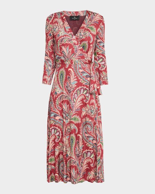 Etro Red Paisley-Print Bracelet-Sleeve Wrap Midi Dress