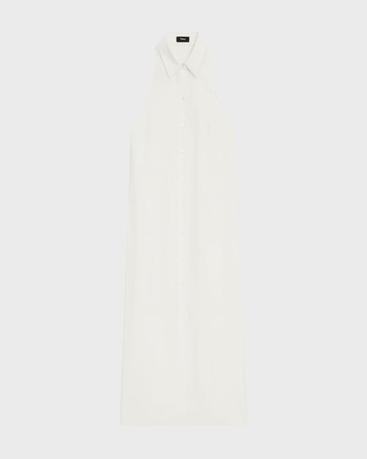 Theory White Halter Button-Front Sleeveless Collared Midi Dress