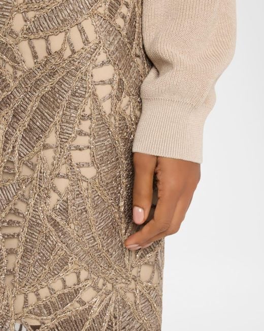 Brunello Cucinelli Natural Leaf-Pattern Openwork Midi Skirt