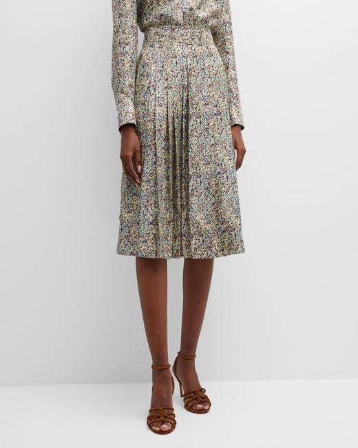 Tory Burch Natural Pleated Abstract-print Midi Skirt