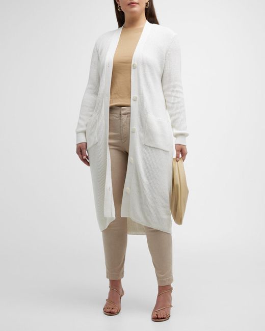 Minnie Rose Plus White Ribbed Belted Cotton-Cashmere Cardigan