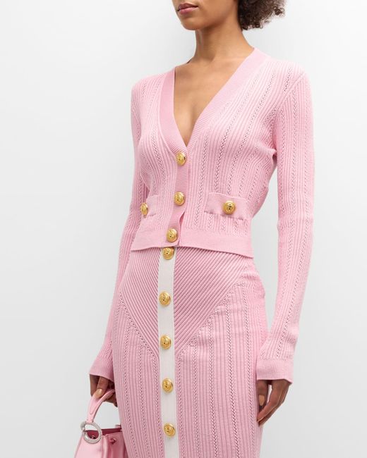 Balmain Pink Buttoned V-Neck Pointelle Rib Knit Crop Cardigan