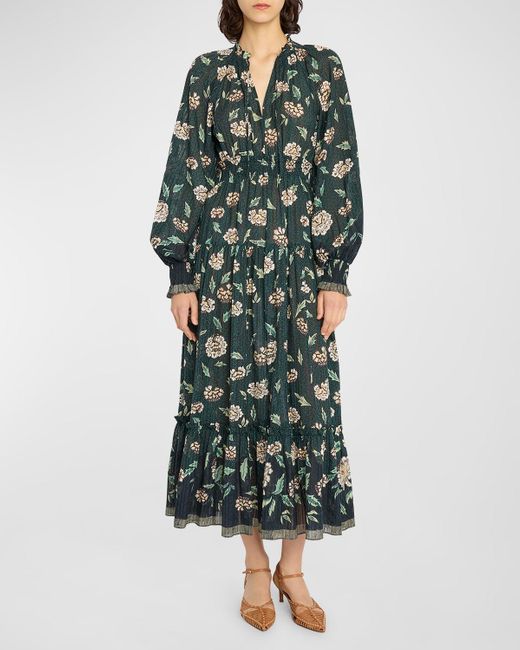 Ulla Johnson Green Katerina Puff-Sleeve Printed Midi Dress