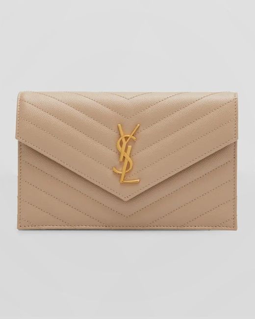 Saint Laurent Natural Cassandre Envelope Leather Wallet On Chain