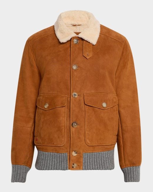 Brunello Cucinelli Brown Printed Suede Shearling-Collar Bomber Jacket for men