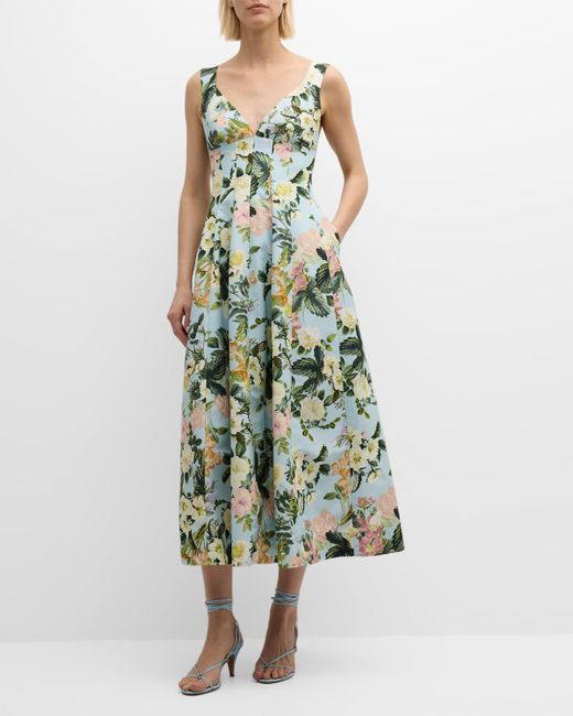 Cara Cara Green Naples Pleated Floral Silk Sleeveless Midi Dress