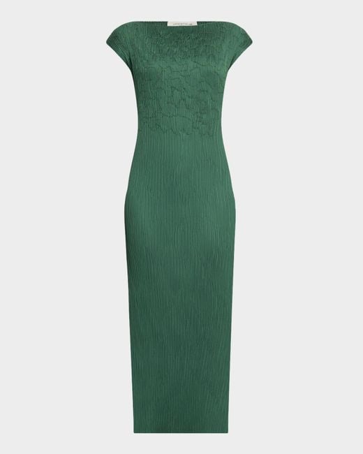 Lafayette 148 New York Green Cap-Sleeve Embroidered Plisse Maxi Dress