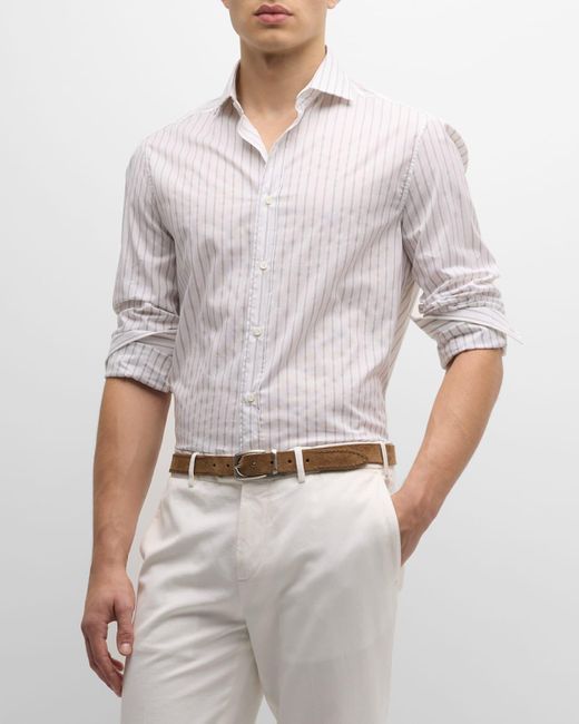 Brunello Cucinelli Gray Hairline Striped Oxford Button-down Shirt for men