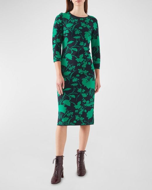 L.K.Bennett Green Joni Two-Tone Floral Intarsia Midi Dress
