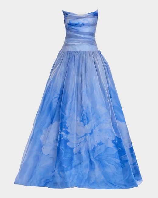 Pamella Roland Women's Blue Floral Silk Organza Strapless Drop-Waist Gown Pamella Roland Women's Blue Floral Silk Organza Strapless Drop-Waist Gown
