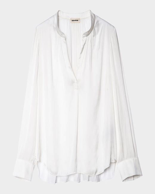 Zadig & Voltaire White Tink V-Neck Satin Long-Sleeve Blouse