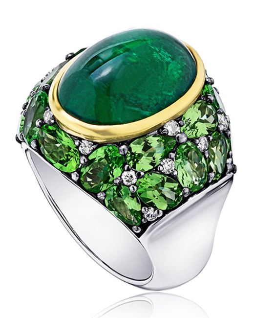 Alexander Laut Green Emerald Oval Ring With Tsavorite And Diamonds, Size 7
