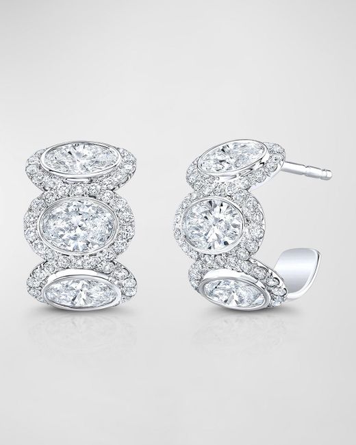 Rahaminov Diamonds Metallic 18k White Gold 6 Oval Diamond And Halo Huggie Earrings