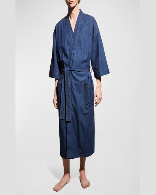 Majestic International Blue Jasper Terry-lined Denim Kimono Robe for men