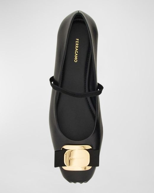 Ferragamo Black Zina Leather Bow Mary Jane Ballerina Flats