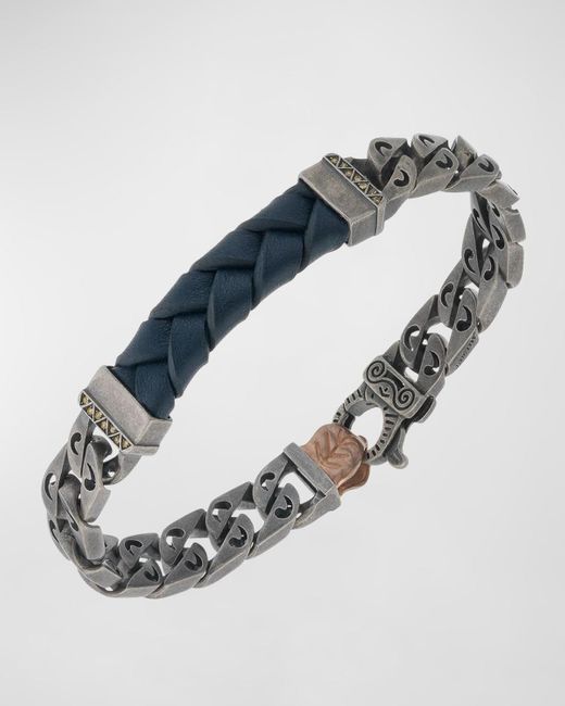 MARCO DAL MASO Blue Flaming Tongue Leather Chain Bracelet With Yellow Sapphires, Oxidized Silver for men