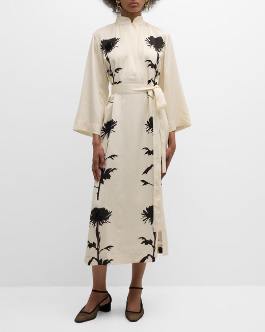 Oroton Natural Beaded Graphic Floral-Print Midi Dress