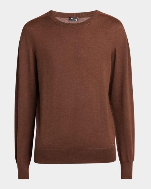 Kiton Brown Long-Sleeve Cashmere-Silk Crewneck Sweater