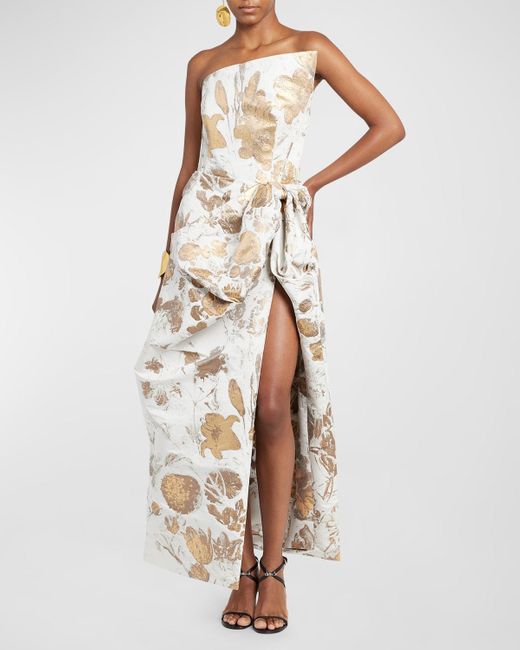 Alexander McQueen Natural Metallic Floral Brocade Draped Strapless Midi Evening Dress