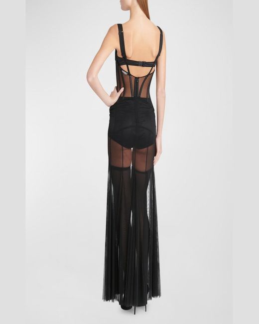 Dolce & Gabbana Black V-Neck Sleeveless Sheer Tulle Corset Godet Maxi Dress