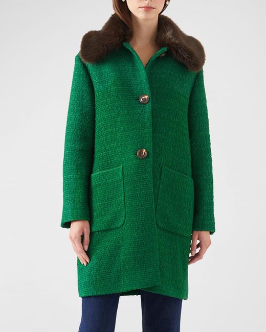 L.K.Bennett Green Aster Faux Fur-trim Boucle Coat
