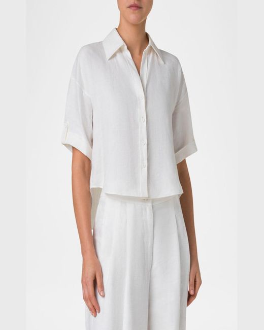 Akris Punto White Short-Sleeve High-Low Button-Down Blouse